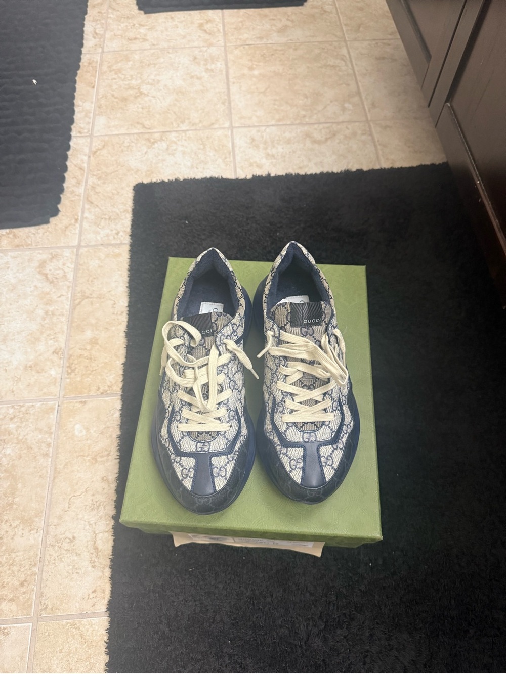 Gucci GG Monogram Lace-Up Sneakers in Beige and Navy